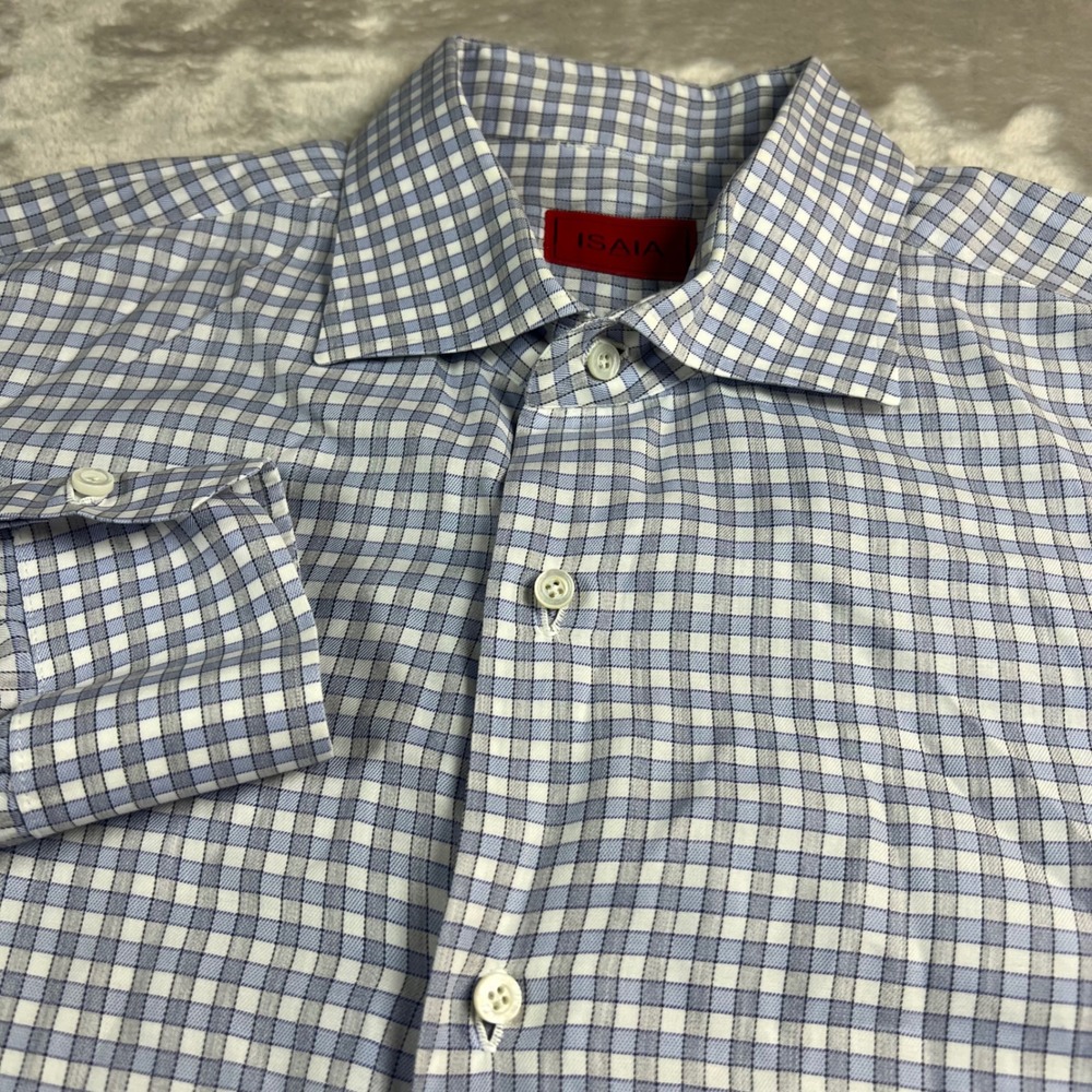 Isaia Men's 17 Dress Shirt Blue White Check Cotton Made in Italy Spread Collar